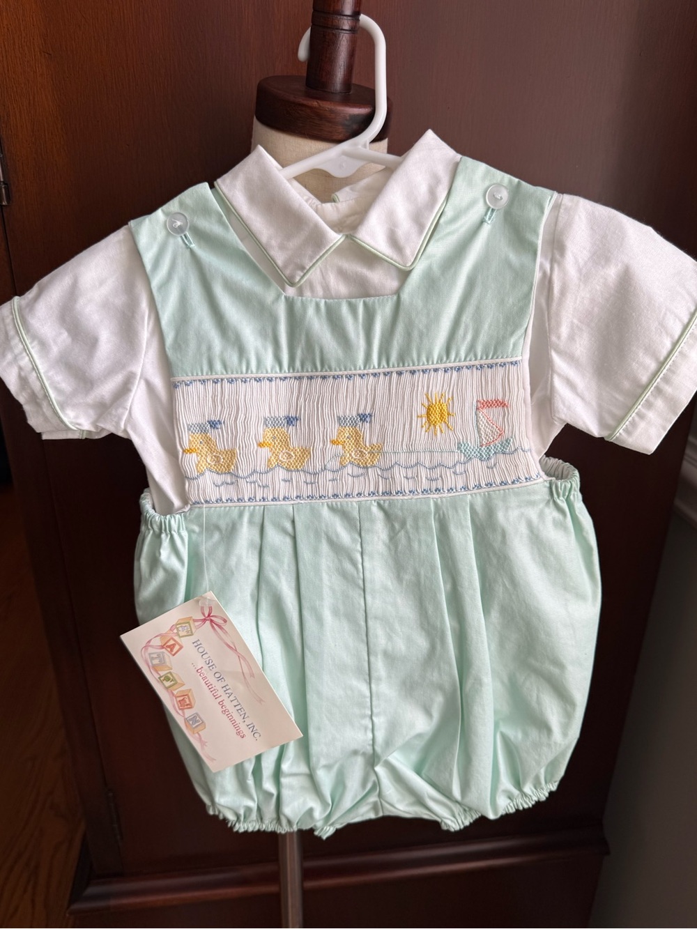 House of Hatten Smocked Duck & Sun Mint Bubble Romper with White Polo
